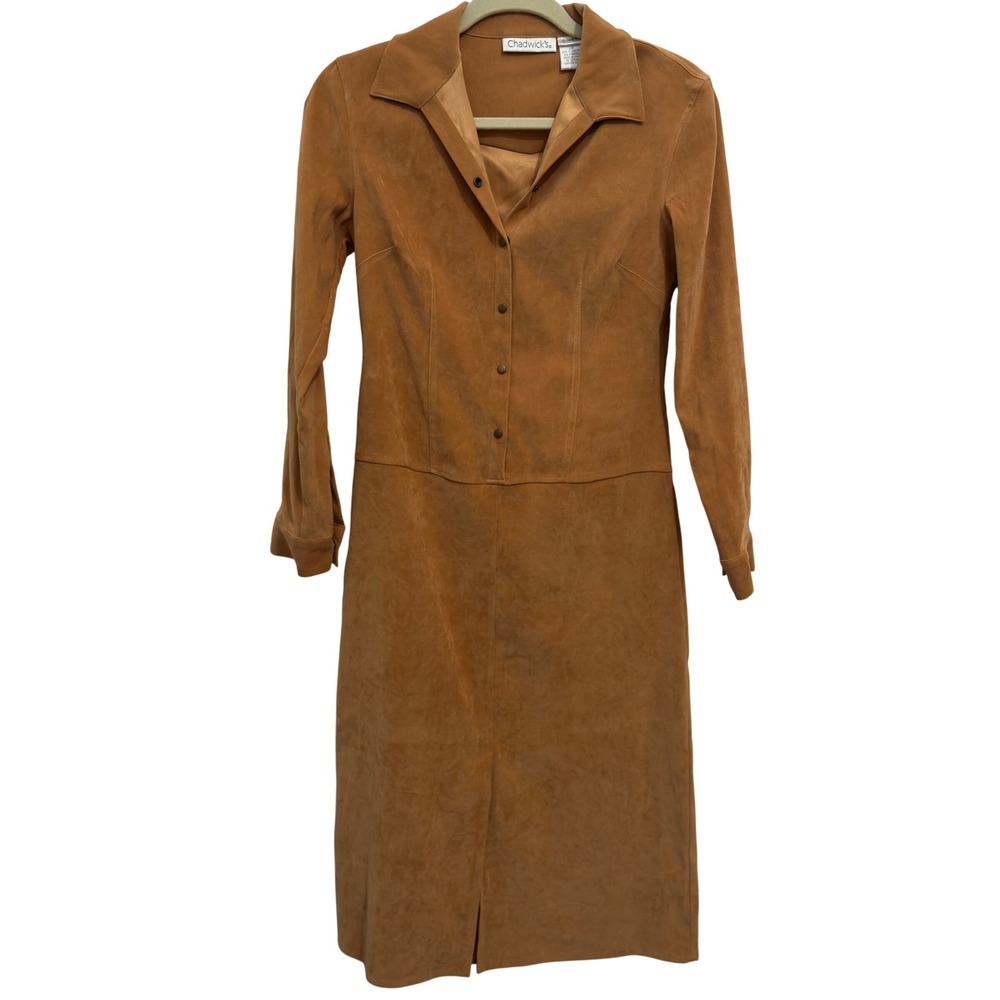 Chadwick's Faux Suede Midi Shirt Dress Western Snap Front Tan Petite 2P